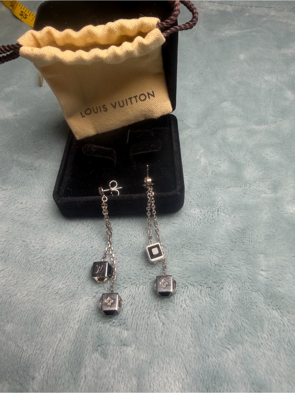 Louis Vuitton Silver Tone Monogram Cube Drop Earrings with Chain